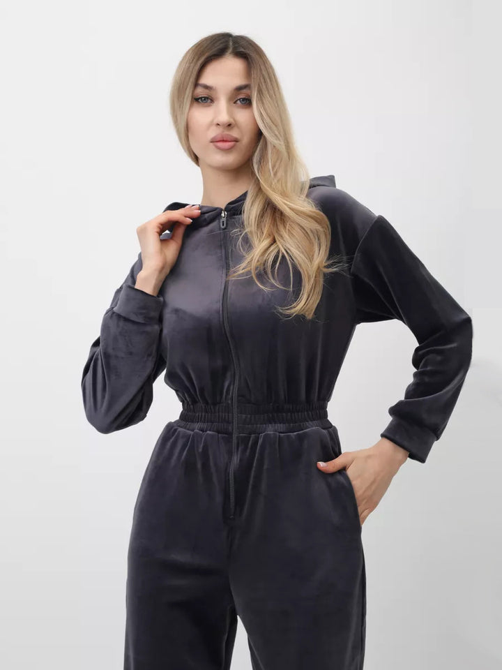 Women's sporty fleece jumpsuit with hood and elastic waistband Lisslune