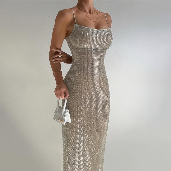 Women's maxi dress made of sparkling knit with narrow spaghetti straps Lune London