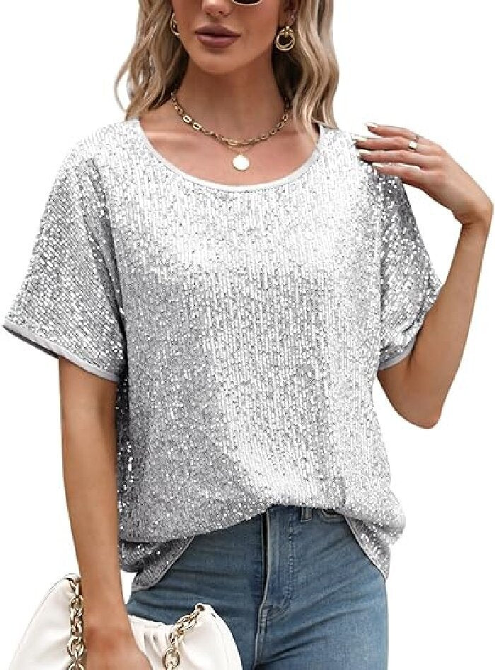 Women Glamorous Sequin Top with Wide Sleeves and Loose Fit Lisslune