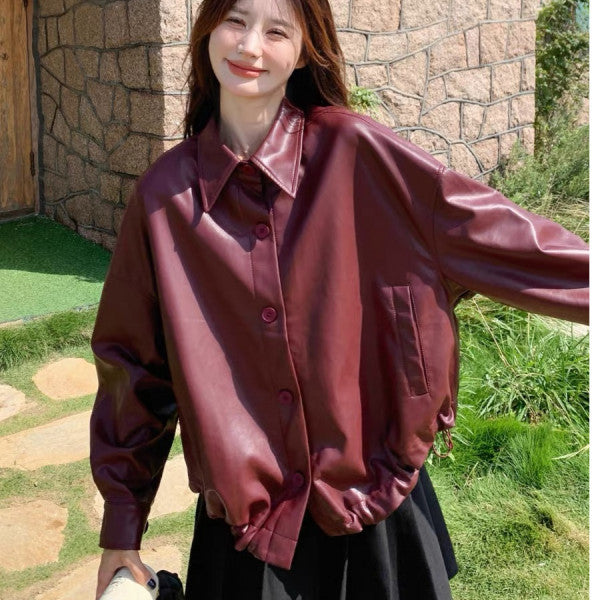 Women Oversized Synthetic Leather Jacket with Practical Pockets and Button-Down Closure Lisslune