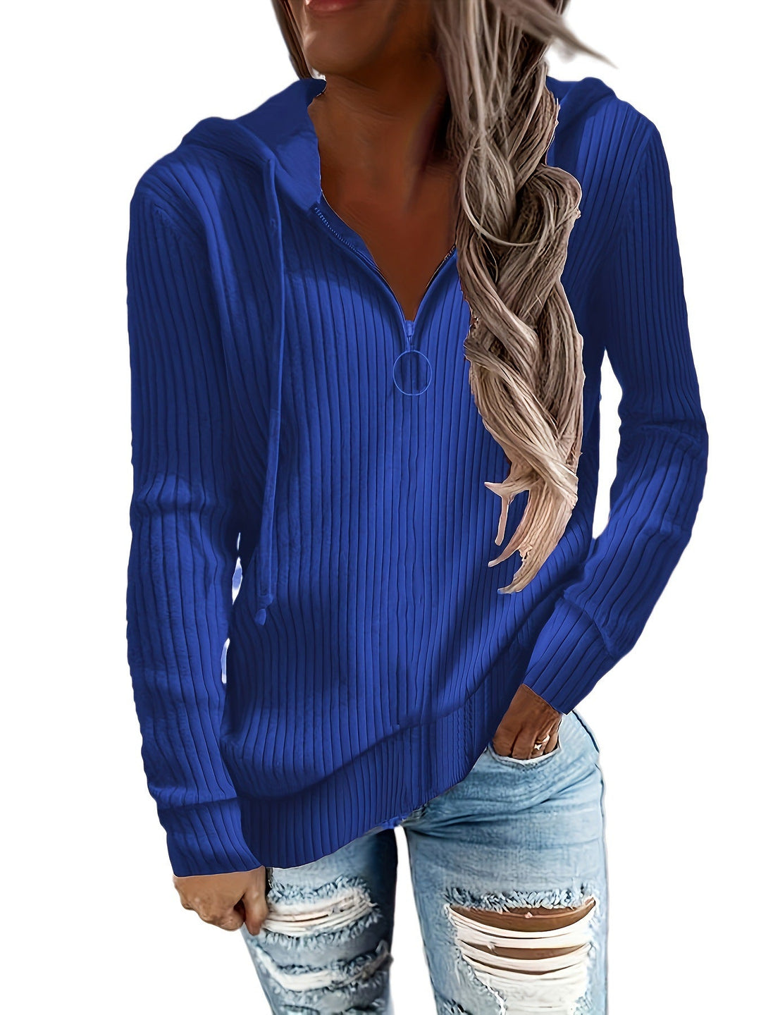 Damen Hoodie mit Reißverschluss und Lässigem Rippenstrickdesign Lisslune