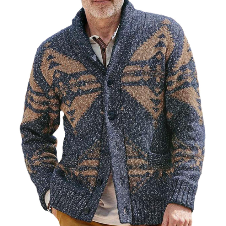 Men's cardigan with unique geometric pattern and deep collar Lisslune