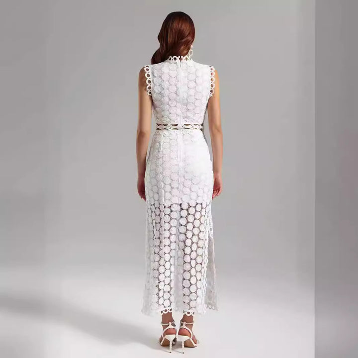 Women's Elegant Lace Maxi Dress with Transparent Inserts and Decorative Ruffle Details