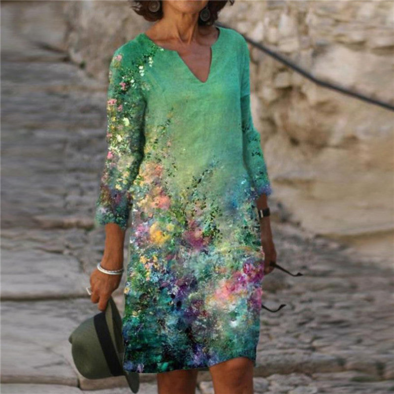 Women’s casual dress with floral design and V-neck
