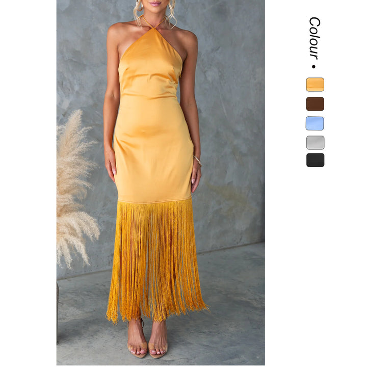 Women's Long-Sleeved Fringe Maxi Dress with Back Cutout and Elegant Fit Lune London