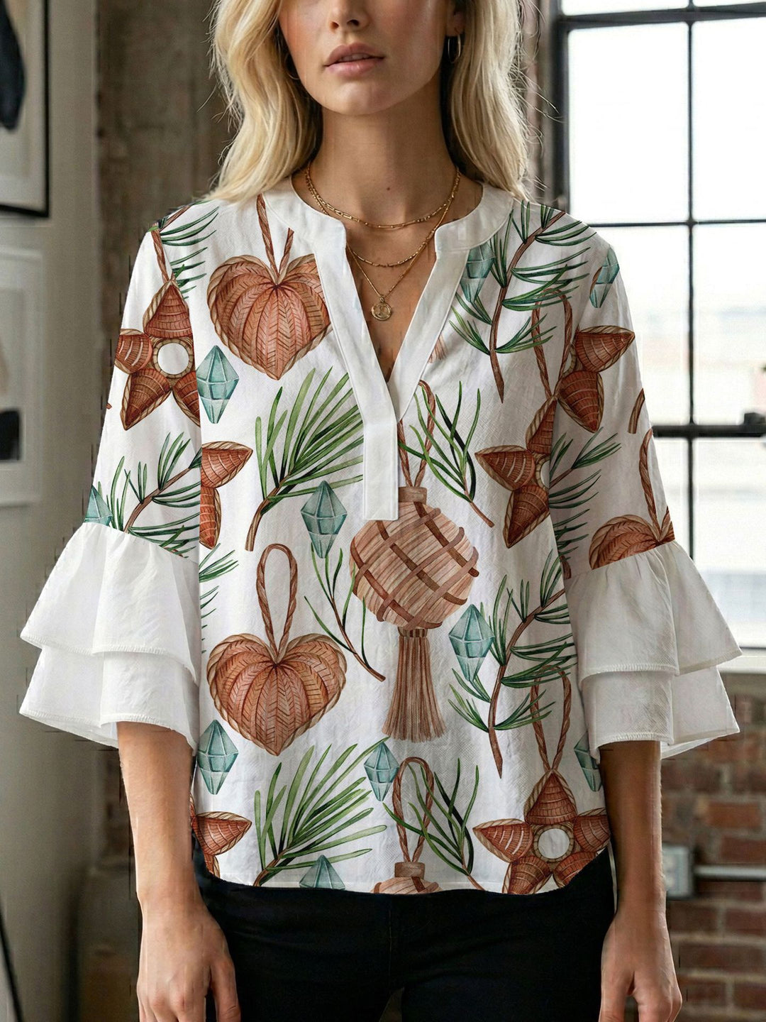 Women's blouse shirt with voluminous sleeves and creative print design Lisslune