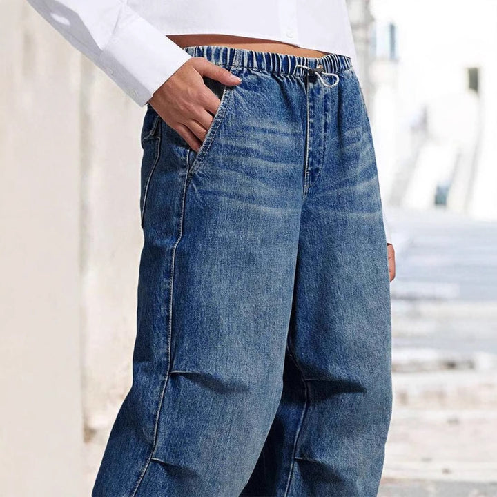 Women's Wide Denim Pants with Elastic Waist and High Pockets Lisslune