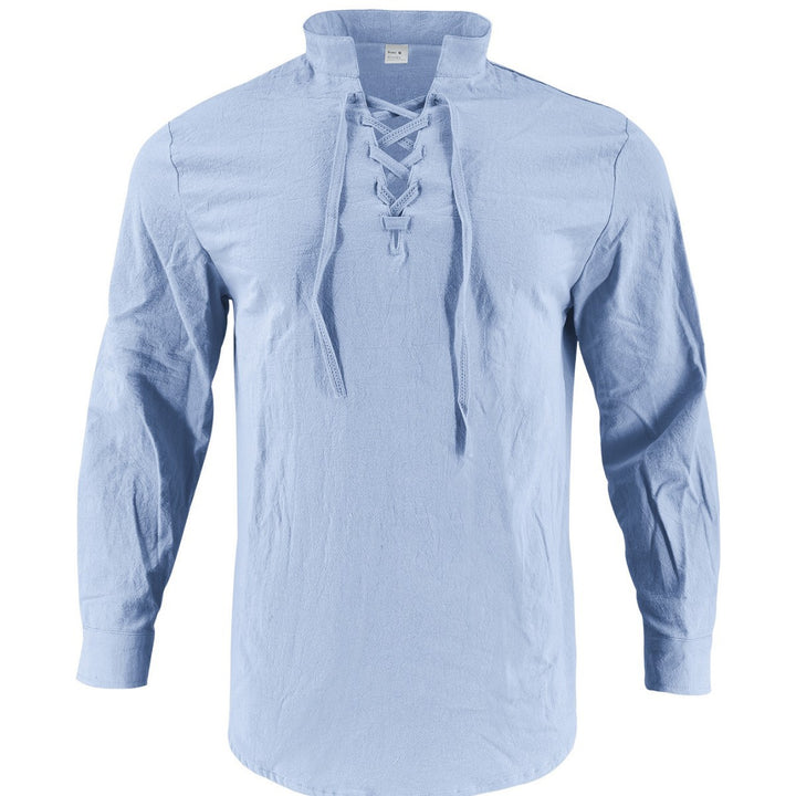 Men's long-sleeved shirt with trendy lacing and stand-up collar Lisslune