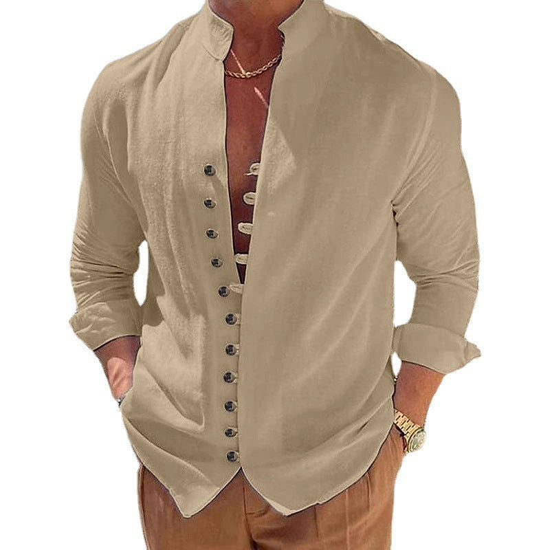 Men's casual long sleeve shirt with stand-up collar and full button placket Lisslune