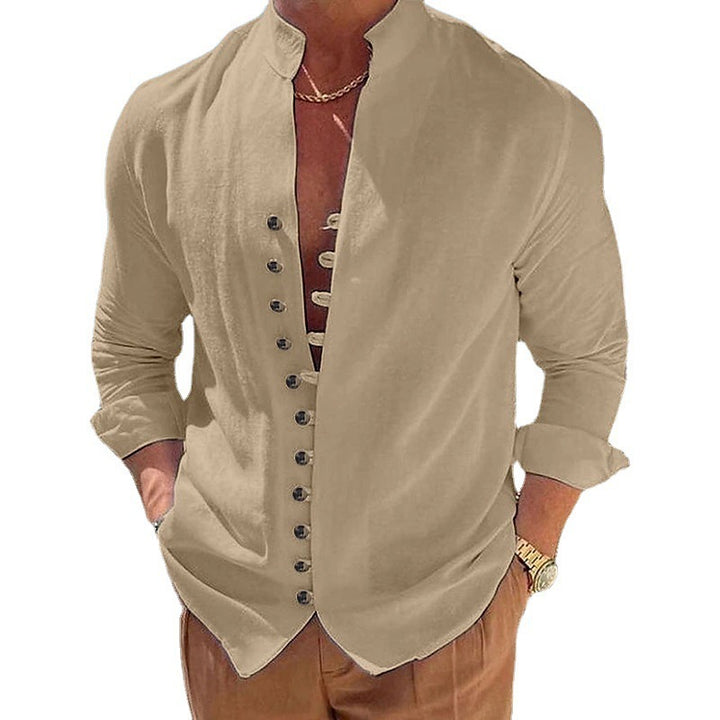Men's casual long sleeve shirt with stand-up collar and full button placket Lisslune