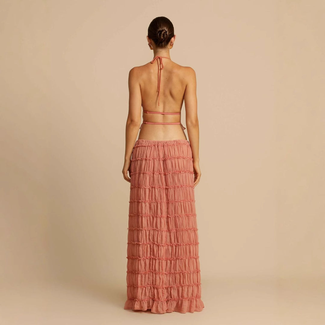 Women's Elegant and Playful Two-Piece Summer Dress with Ruffled Top and Flowing Skirt