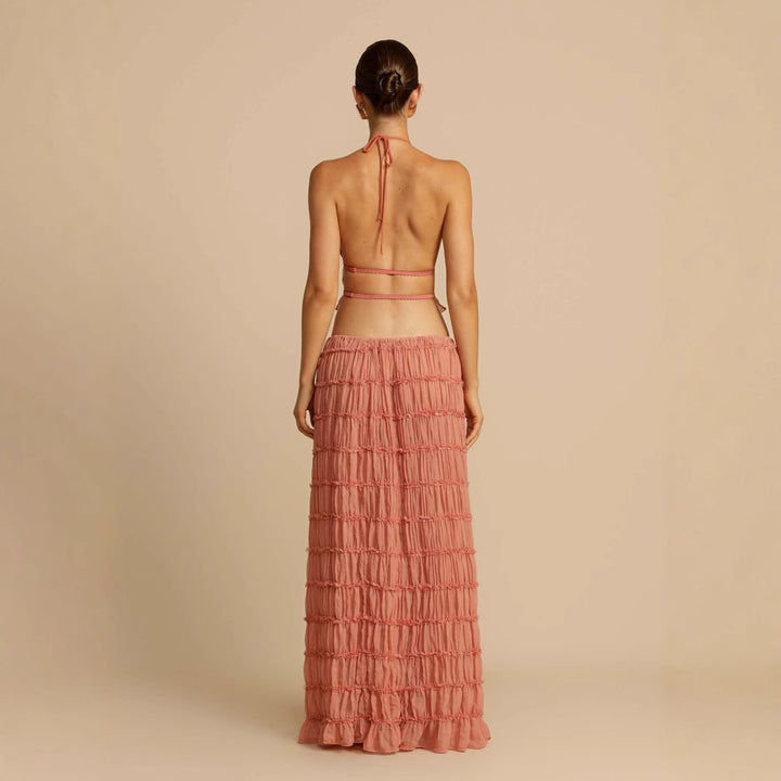 Women's Elegant and Playful Two-Piece Summer Dress with Ruffled Top and Flowing Skirt