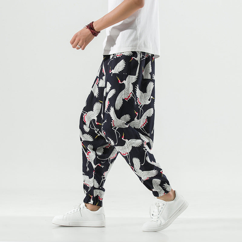 Men's casual and breathable harem pants with unique crane pattern Lisslune