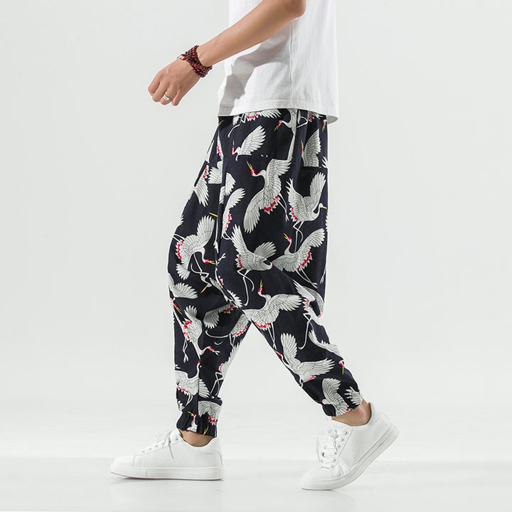 Men's casual and breathable harem pants with unique crane pattern Lisslune