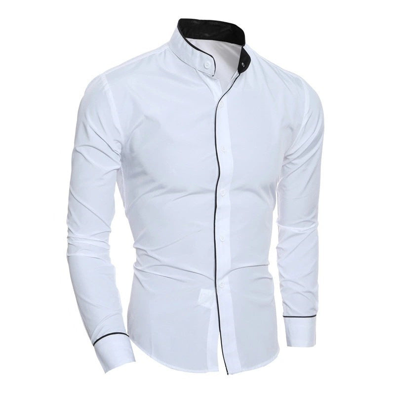 Men's long-sleeve shirt with modern stand-up collar and stylish contrast seams Lisslune