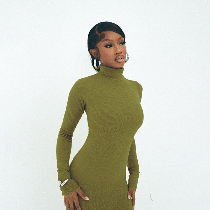 Ladies Long Sleeve Maxi Dress with Elegant Stand Collar and Fitted Cut Lune London