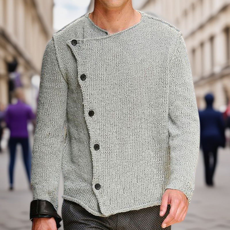 Men's knit sweater with innovative stand-up collar and asymmetrical button placket Lisslune