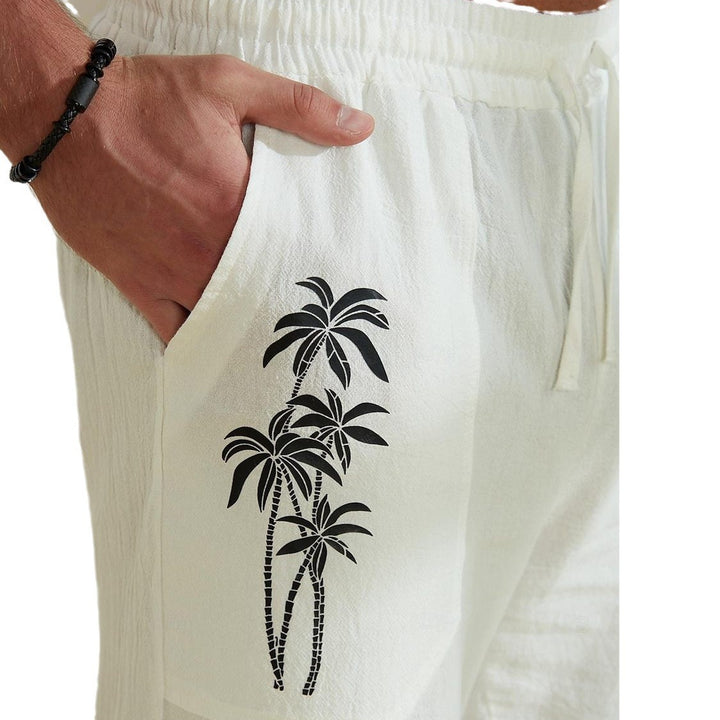 Men's Comfortable Linen Pants with Practical Drawstring and Palm Print Lisslune