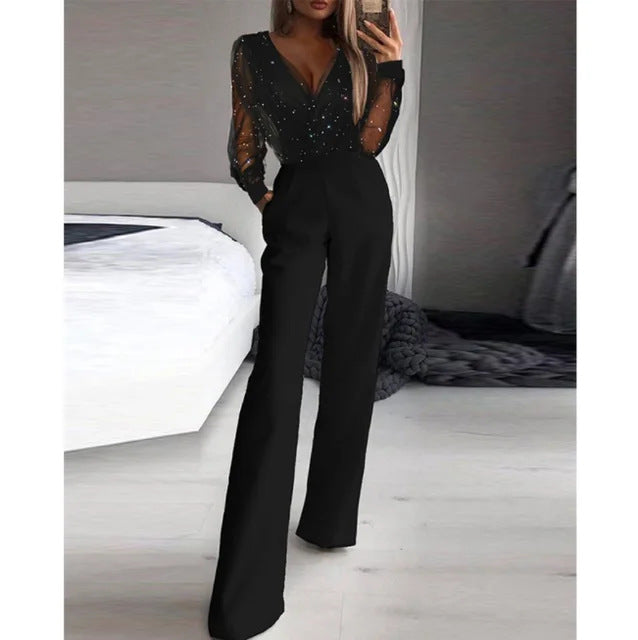 Women Elegant Jumpsuit with Transparent Blouse and Shimmering Accents Lisslune
