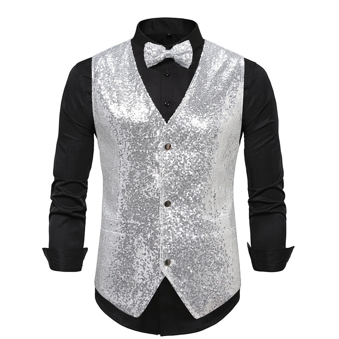 Men's Glamorous Sequin Vest with Stylish Bow Tie Lisslune