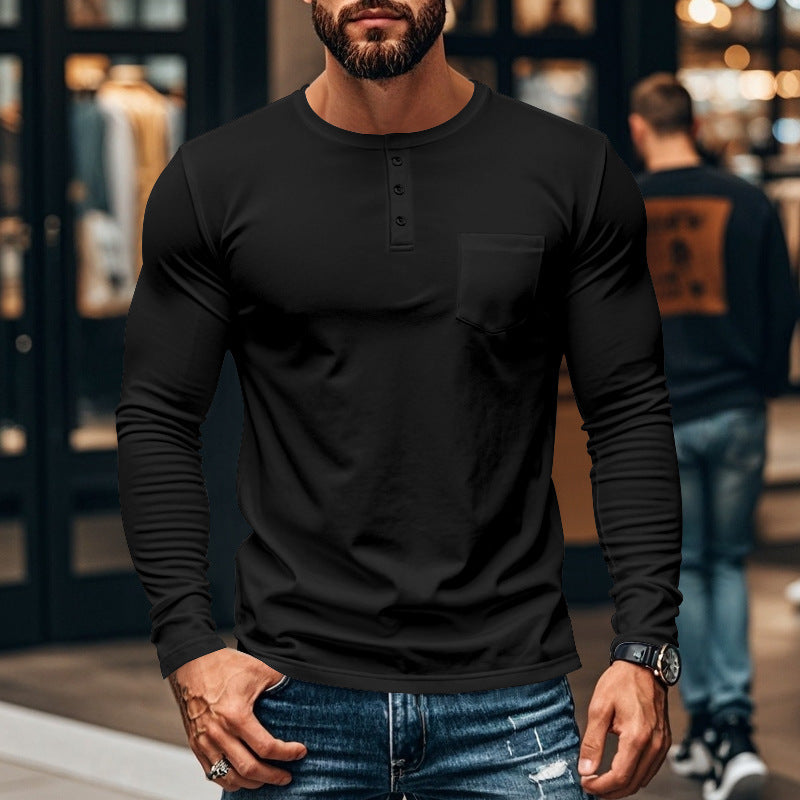 Men's long-sleeved Henley shirt with textured cotton surface and chest pocket Lisslune