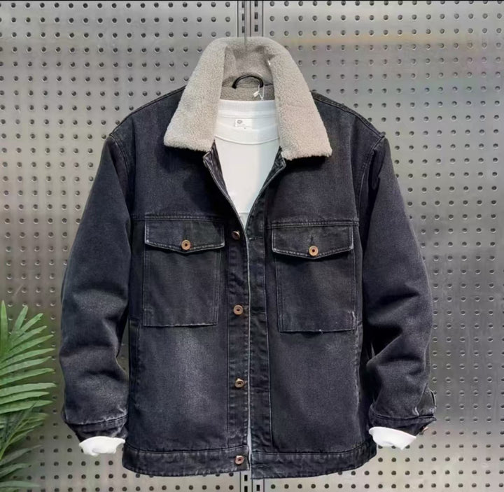 Men's Fashionable Denim Jacket with Great Sherpa Collar Lisslune