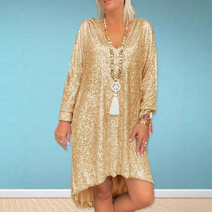 Ladies Sparkling Oversized Dress with V-Neck and Long Sleeves Lisslune