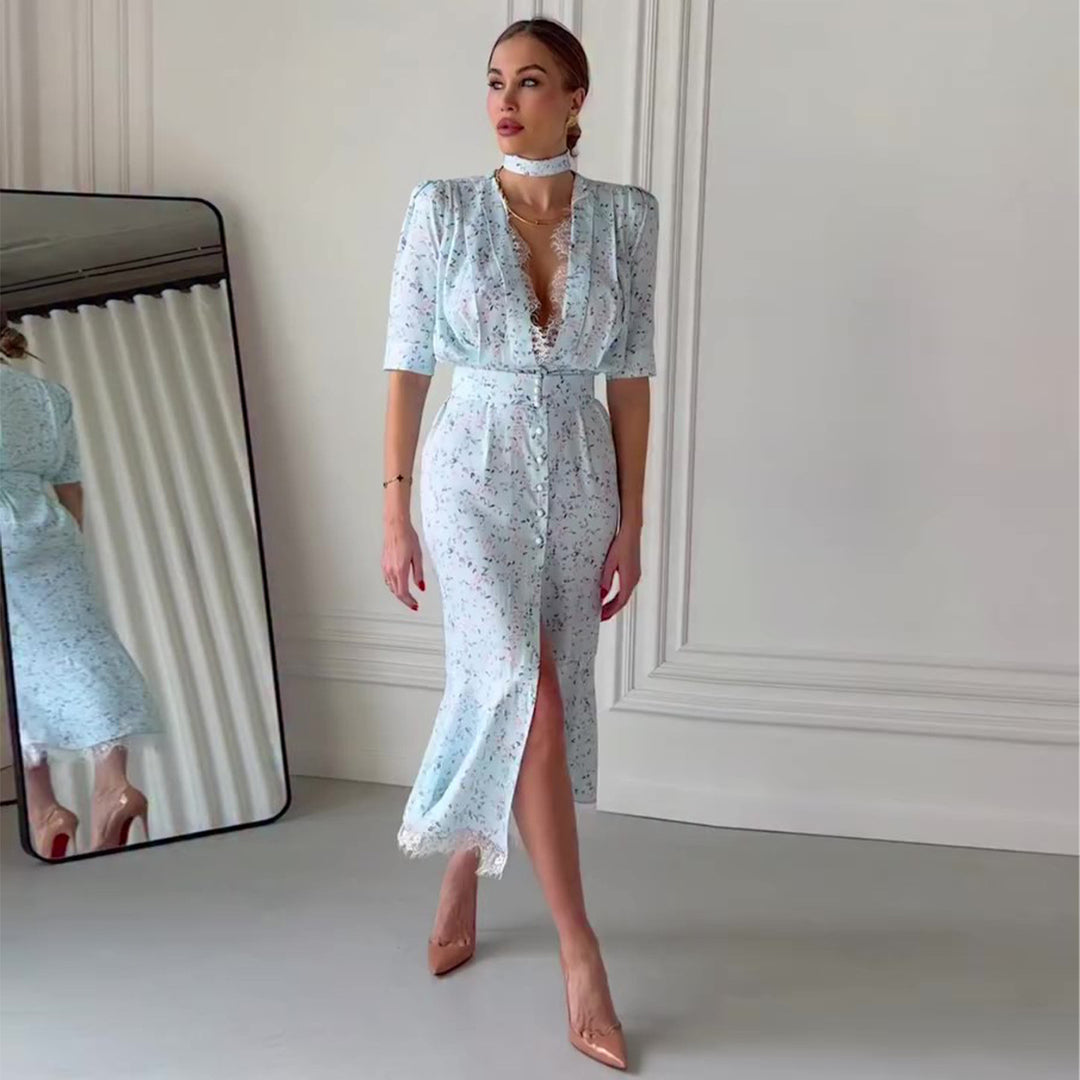 Ladies Elegant Midi Dress with Shimmering Chiffon and Deep V-Neck