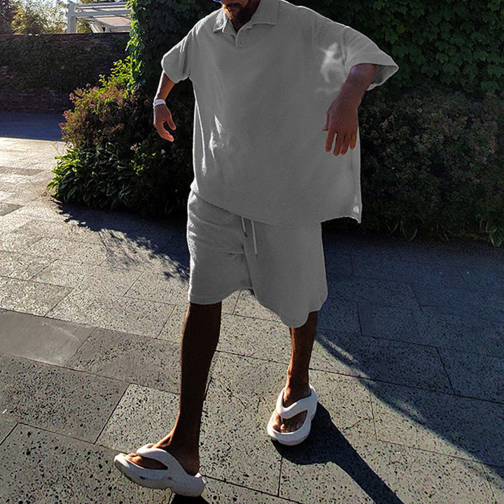 Men's casual oversized t-shirt and shorts combination with button placket and practical pockets Lisslune