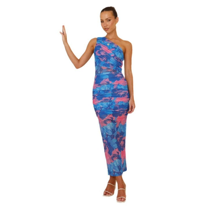 Women's midi dress with asymmetric strap and floral gathering design