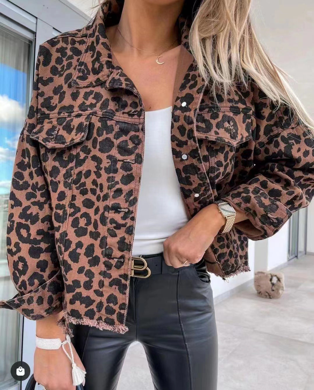 Ladies' denim jacket in leopard design with casual cut and fringe finish