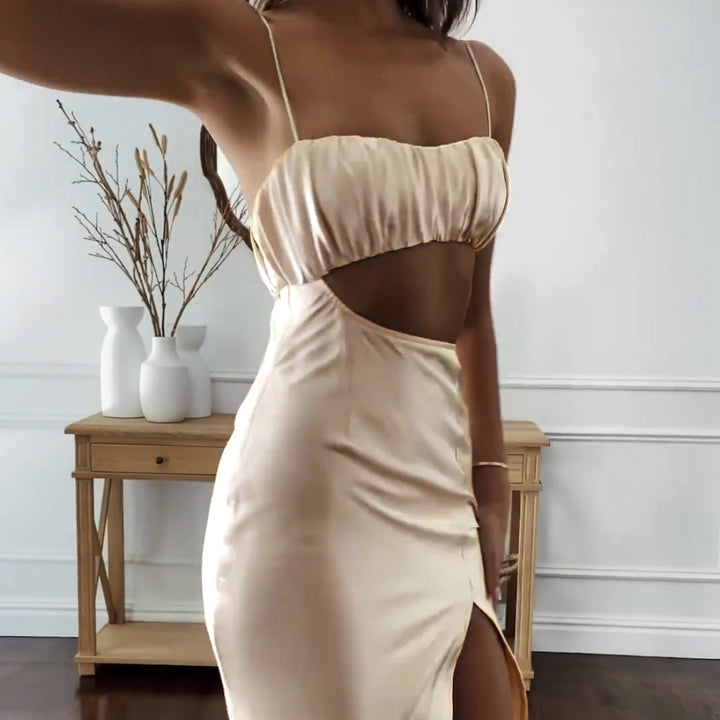 Damen Elegantes Cut-Out Kleid mit schmalen Spaghetti-Trägern und drapiertem Oberteil Lisslune