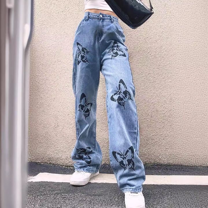 Damen weite Jeans mit auffälligem Schmetterlingsdruck Lisslune