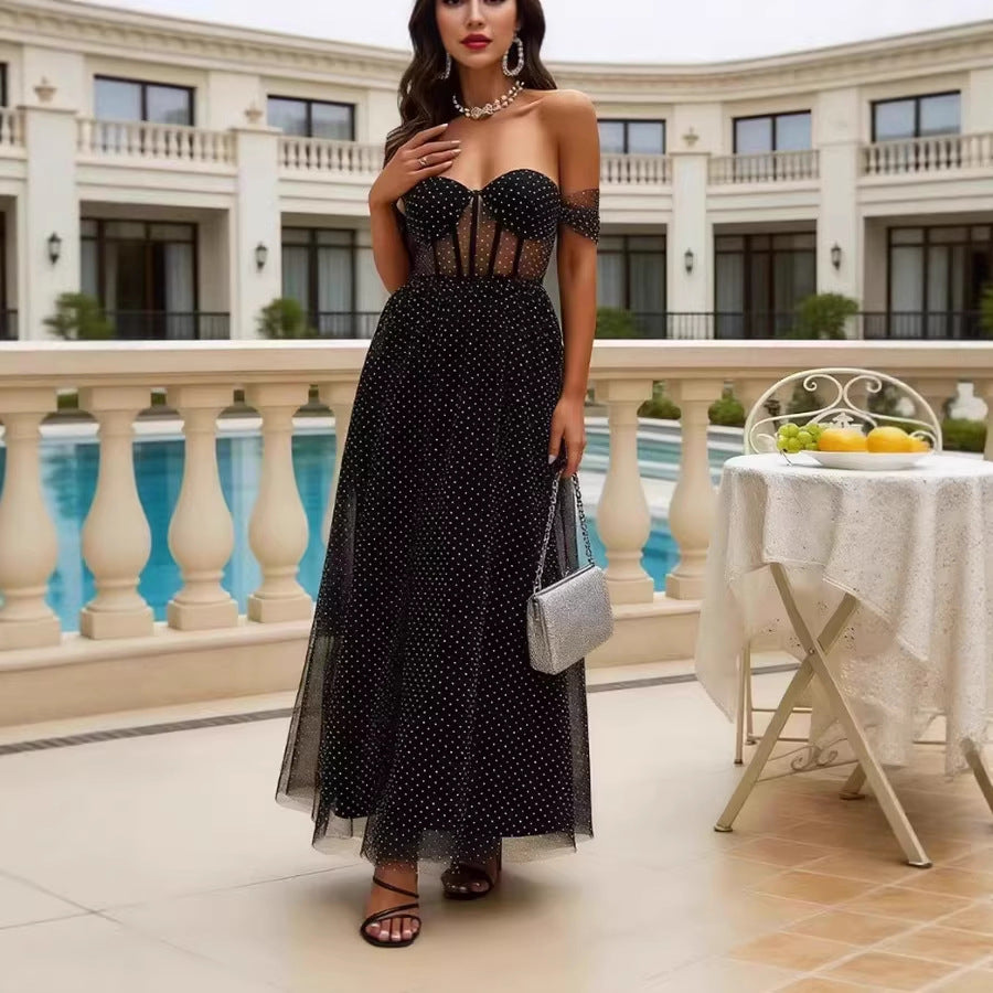 Women's Elegant Off-Shoulder Maxi Dress with Sheer Inserts and Polka Dot Pattern Lisslune