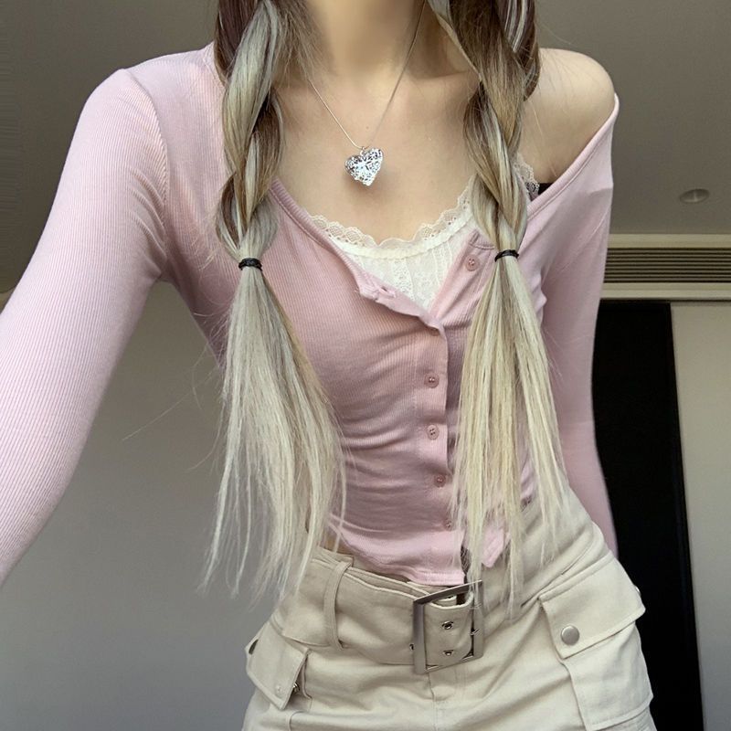 Women's Cropped Long Sleeve Shirt with Playful Button Placket Design and Refined Strap Details