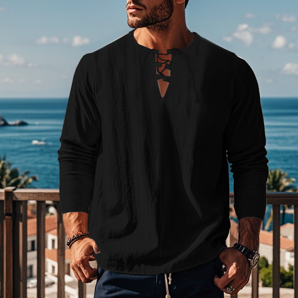 Men's casual long-sleeve shirt with neckline and lacing Lisslune