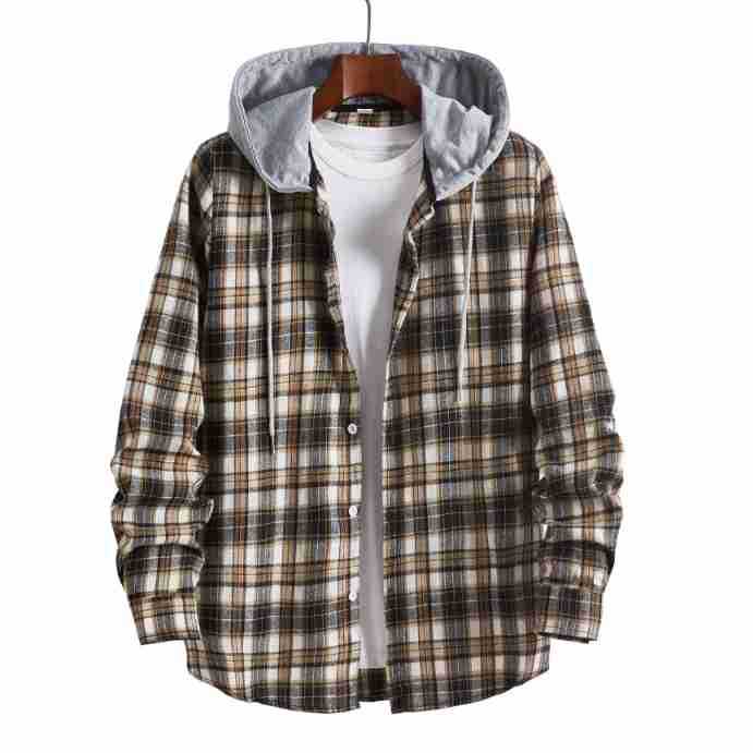 Men's Checkered Pattern Shirt with Integrated Hood Lisslune