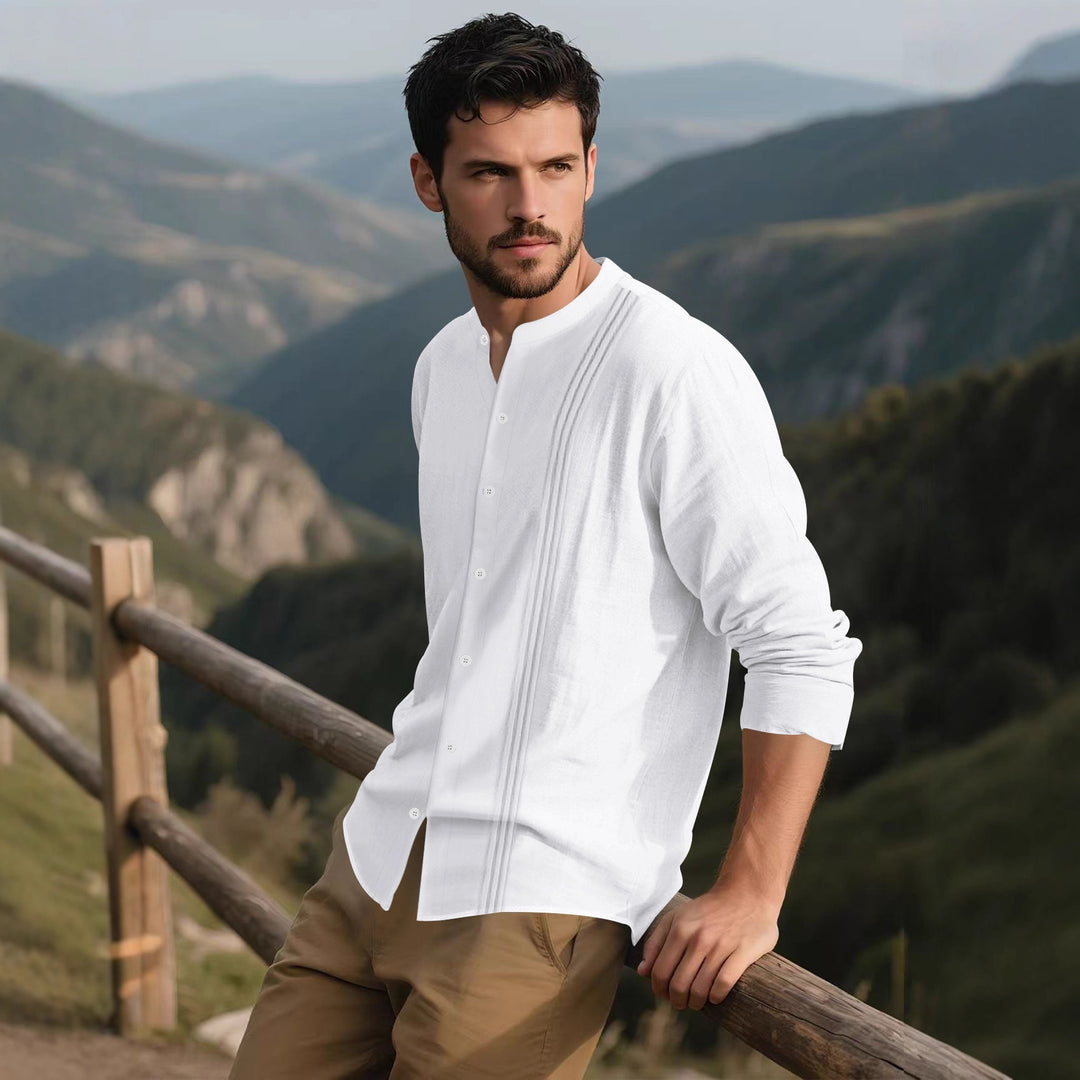 Men's fashionable long-sleeve shirt with textured surface and innovative stand-up collar Lisslune