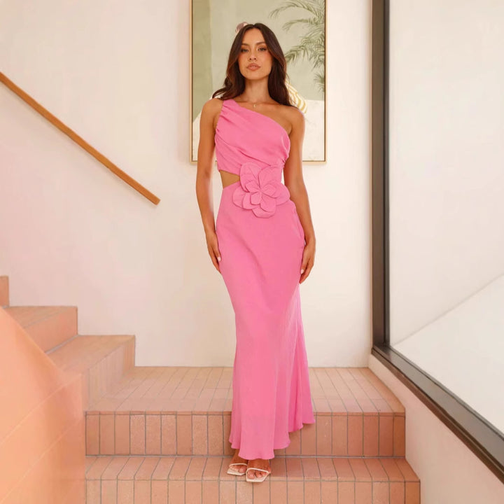 Women's Elegant Maxi Dress with Asymmetric Cut and Floral Detail