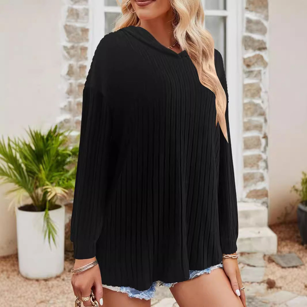 Damen Lässiger Kapuzenpullover mit Stilvollem Rippmuster und Überschnittenen Ärmeln Lisslune