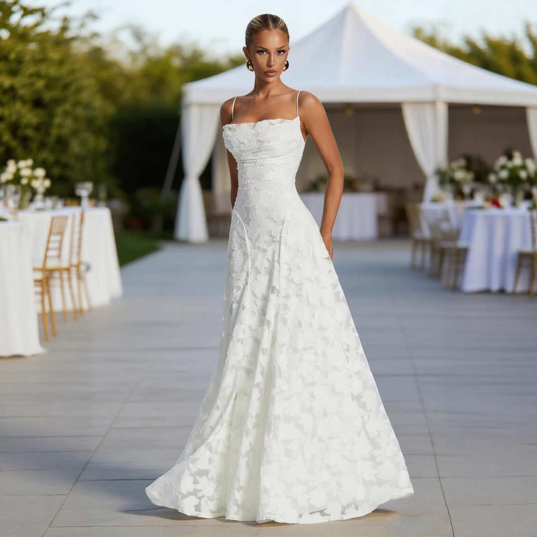 Ladies Elegant Maxi Dress with Floral Lace Design and Adjustable Spaghetti Straps Lisslune