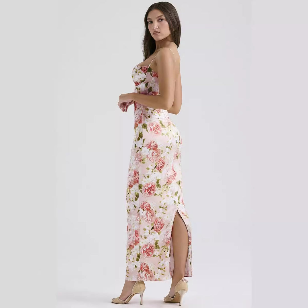 Women's Bodycon Maxi Dress with Floral Accents and Adjustable Spaghetti Straps