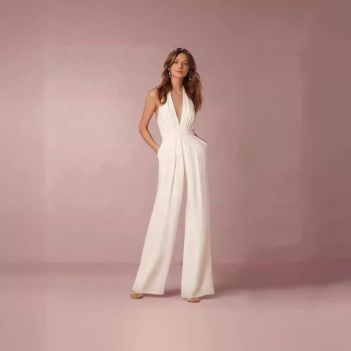 Ladies Elegant Jumpsuit with Deep V-Neck and Wide Leg Lisslune