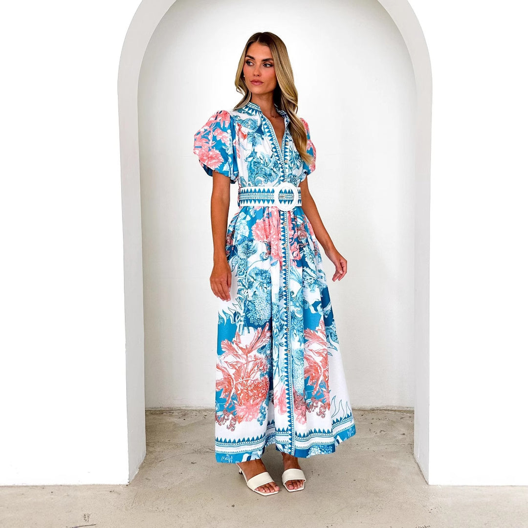 Women's maxi dress with voluminous puff sleeves and delicate floral pattern Lisslune