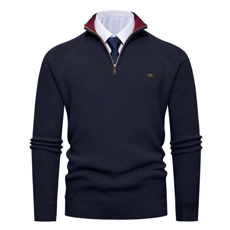 Men's Elegant Knit Sweater with Stand Collar and Zipper Lisslune