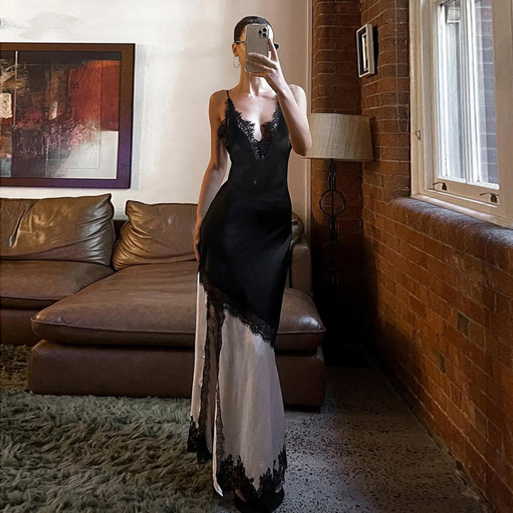 Women's elegant maxi dress with lace appliqués and deep V-neck