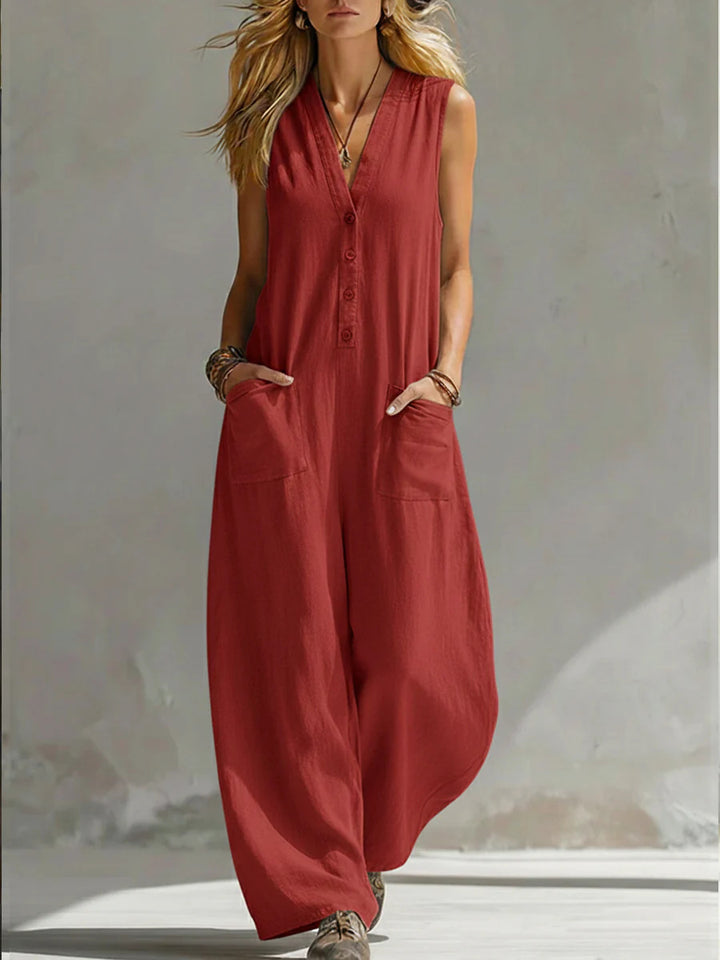 Damen Jumpsuit mit tiefem V-Ausschnitt und praktischen Taschen Lisslune