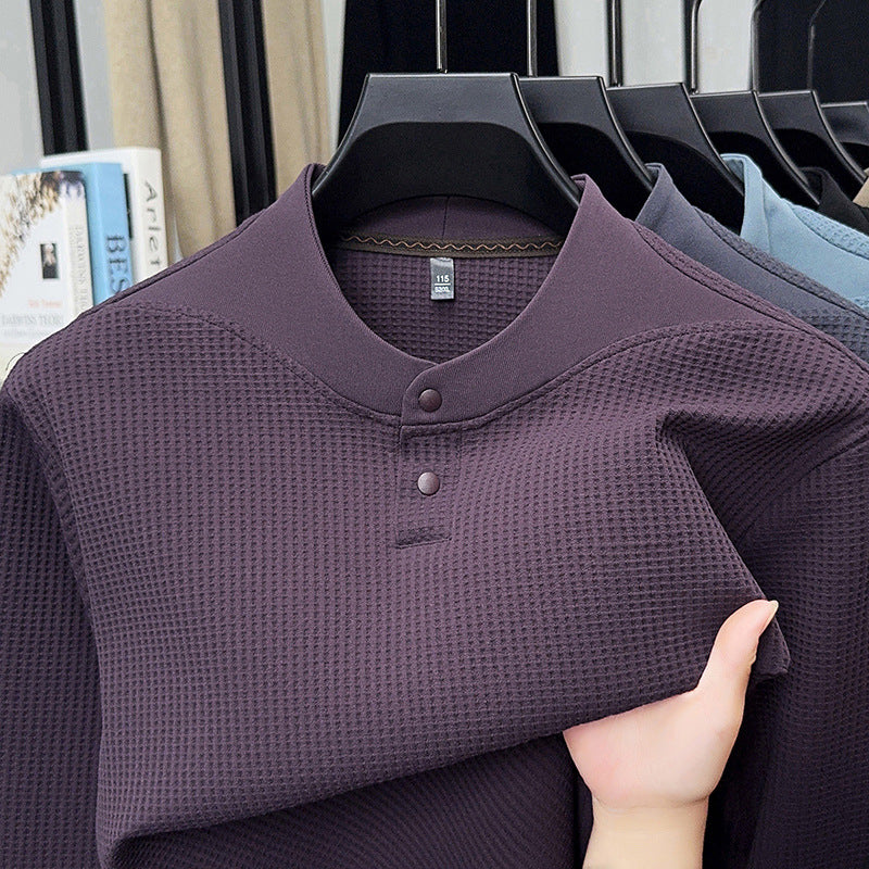 Men's Long Sleeve Shirt with Textured Design and Stand-up Collar Lisslune