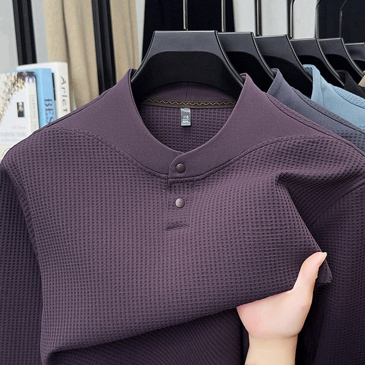 Men's Long Sleeve Shirt with Textured Design and Stand-up Collar Lisslune