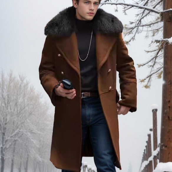 Men's elegant long coat with luxurious fur collar Lisslune